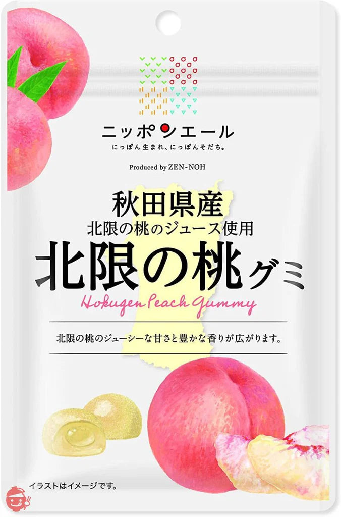 Front-facing pouch of Zennoh Foods Akatsuki Peach Gummy Candy, showing the peach imagery and product branding on a clean white background.